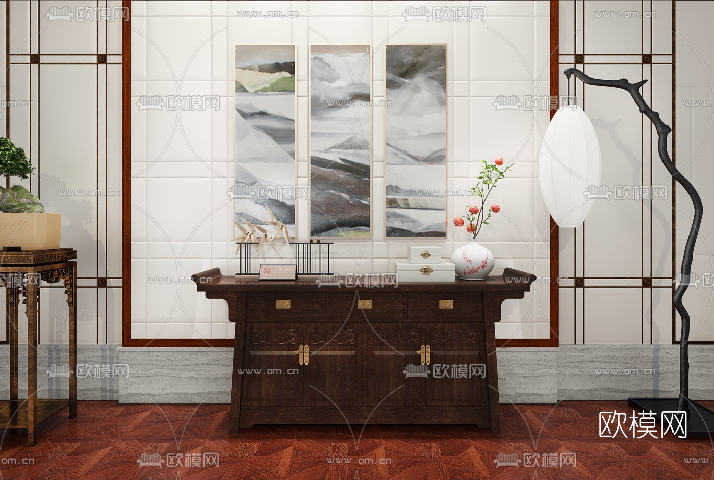 信实装饰 中式端景台3D模型下载（渲染图1）