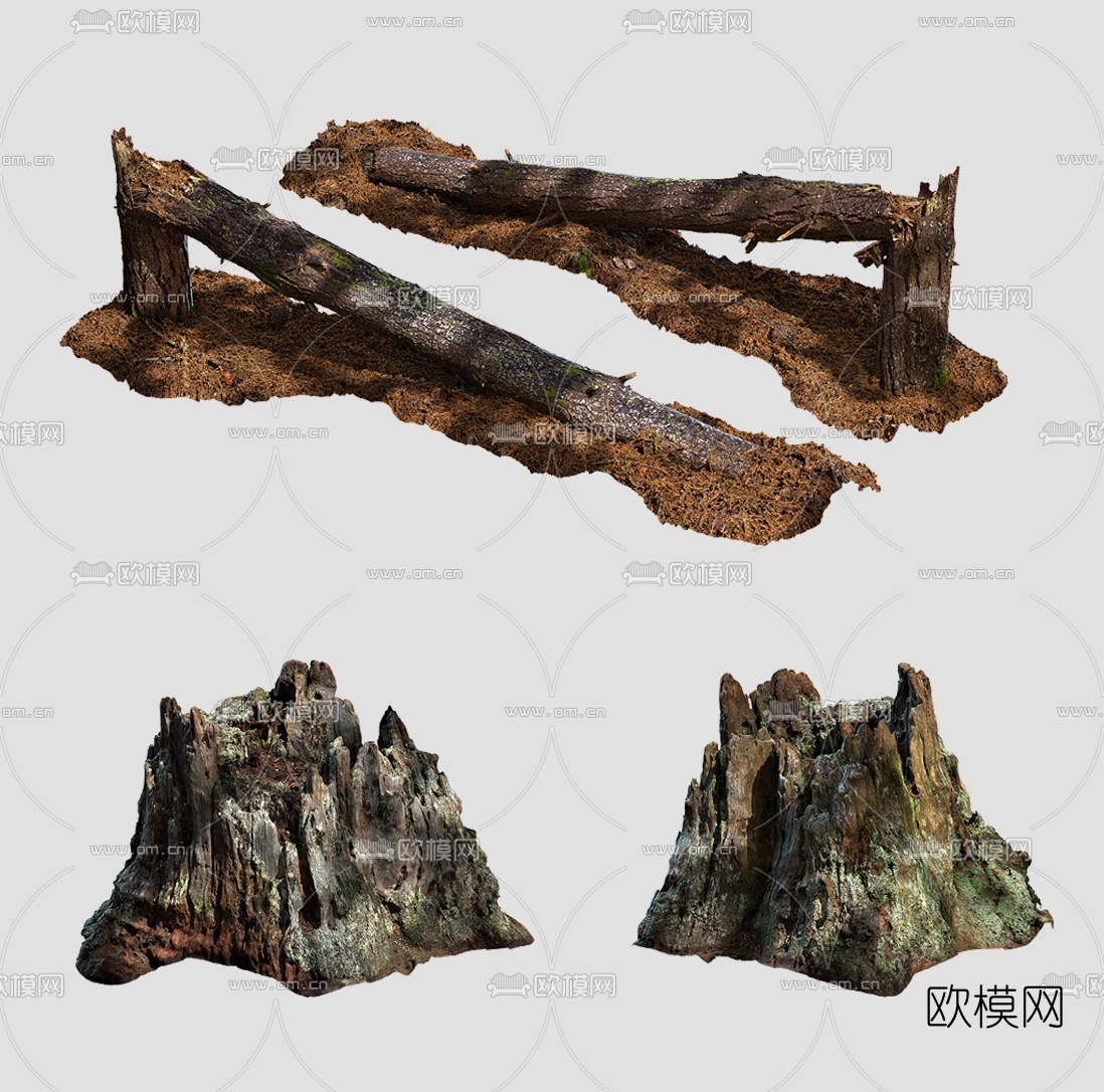 自然风苔藓树根树干树桩组合3d模型下载