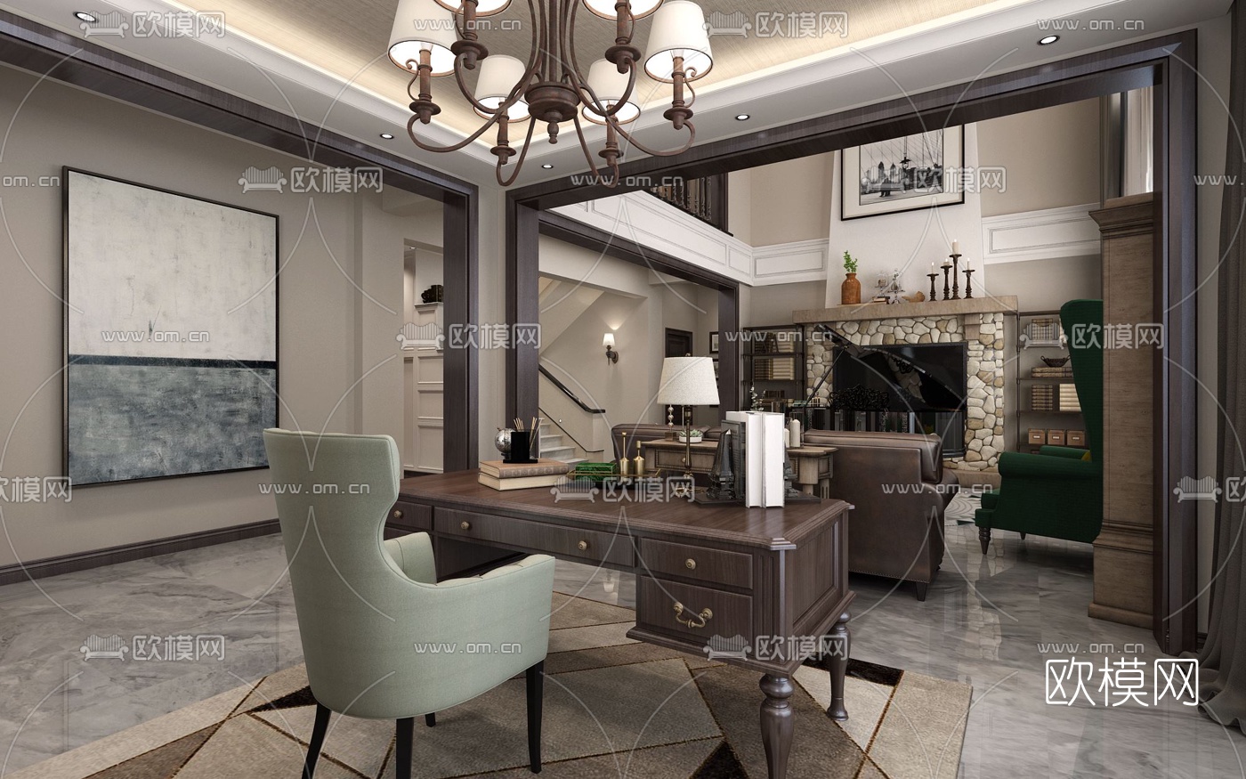 美式别墅混搭客厅楼梯玄关书房3d模型下载（渲染图1）