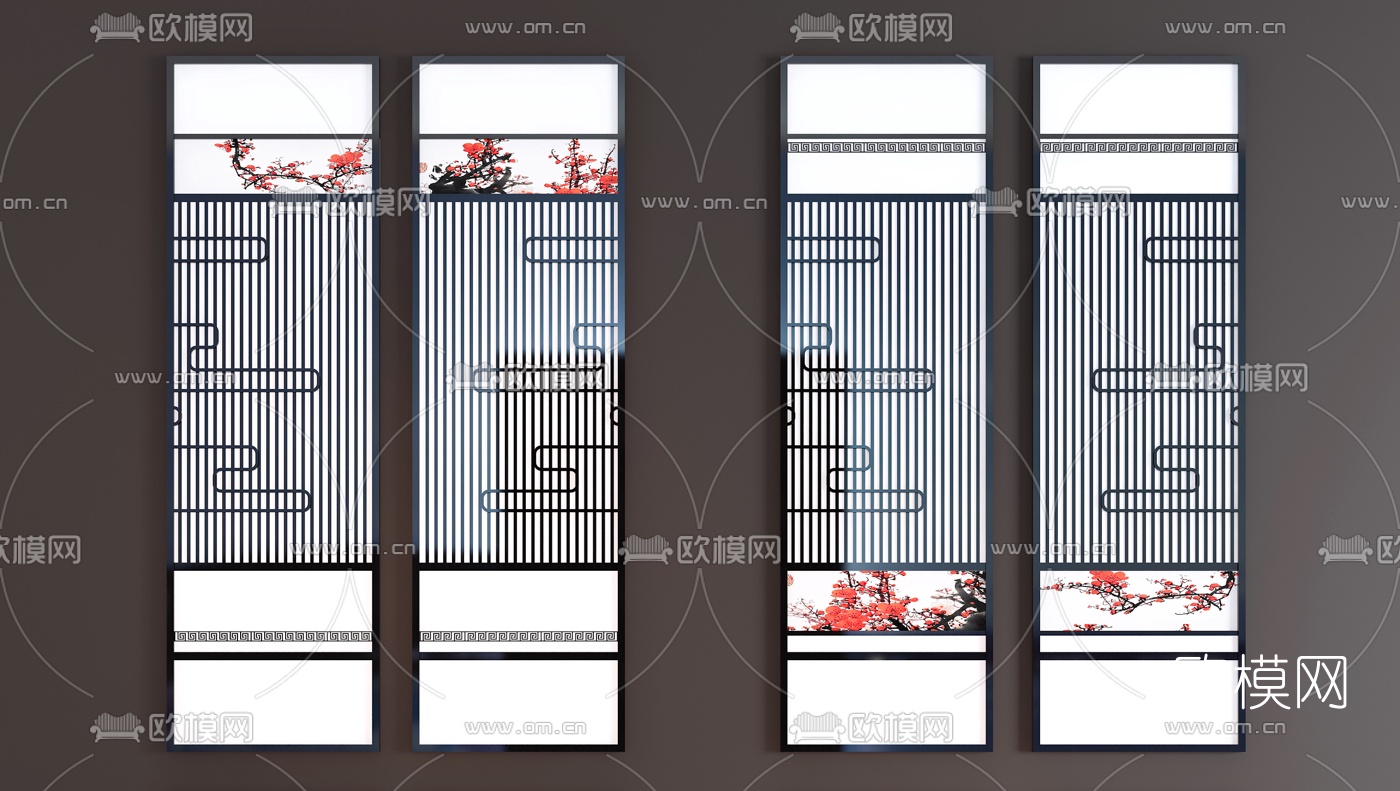 新中式水墨屏风隔断3d模型下载（渲染图2）
