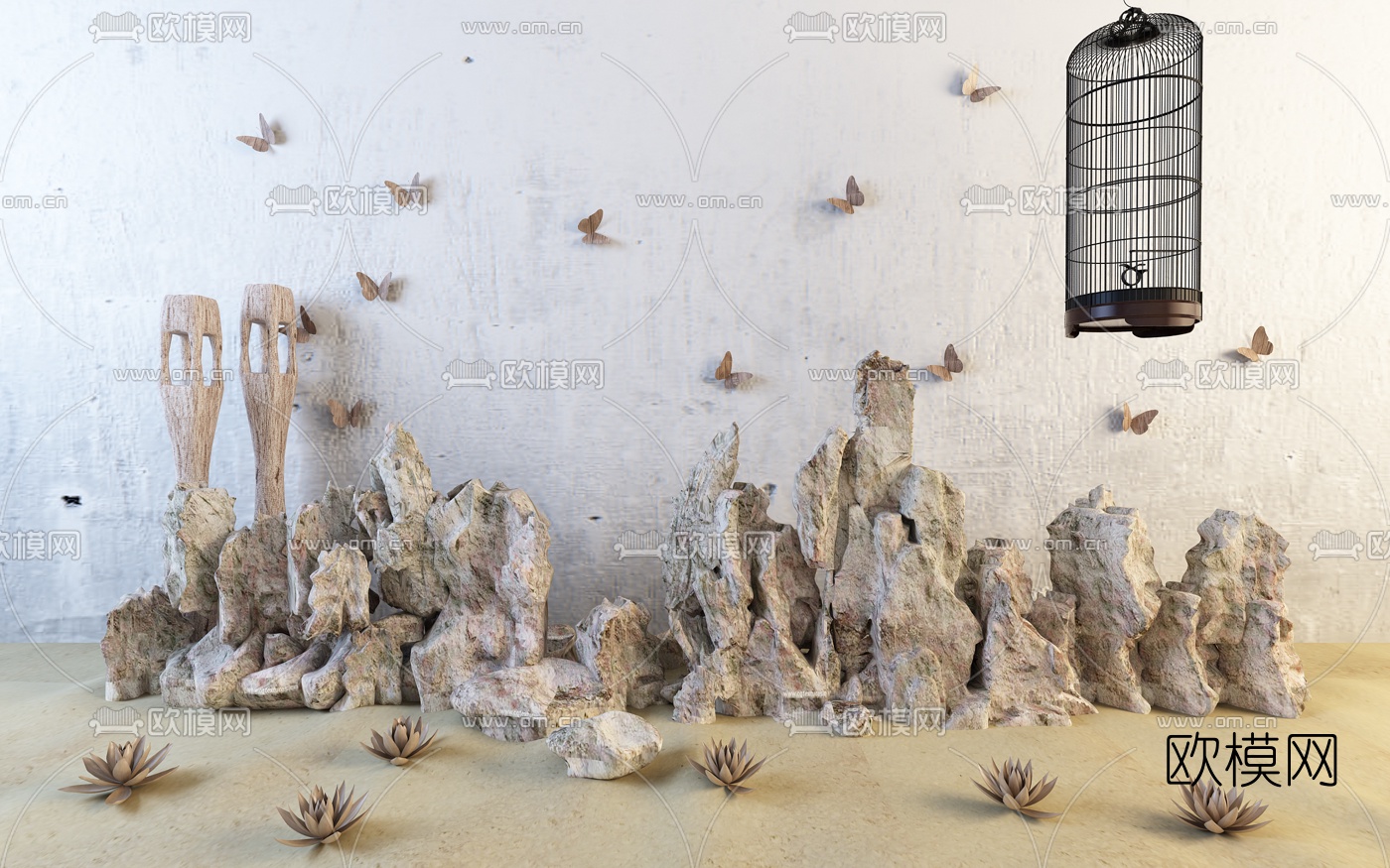 中式假山石头蝴蝶墙饰组合3D模型下载