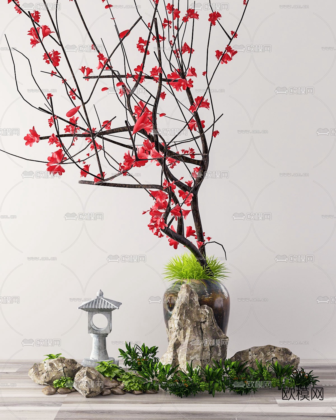 新中式庭院石头绿植园艺小品3d模型
