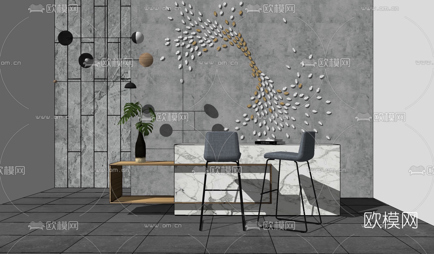 现代吧台吧椅组合su模型下载（渲染图2）