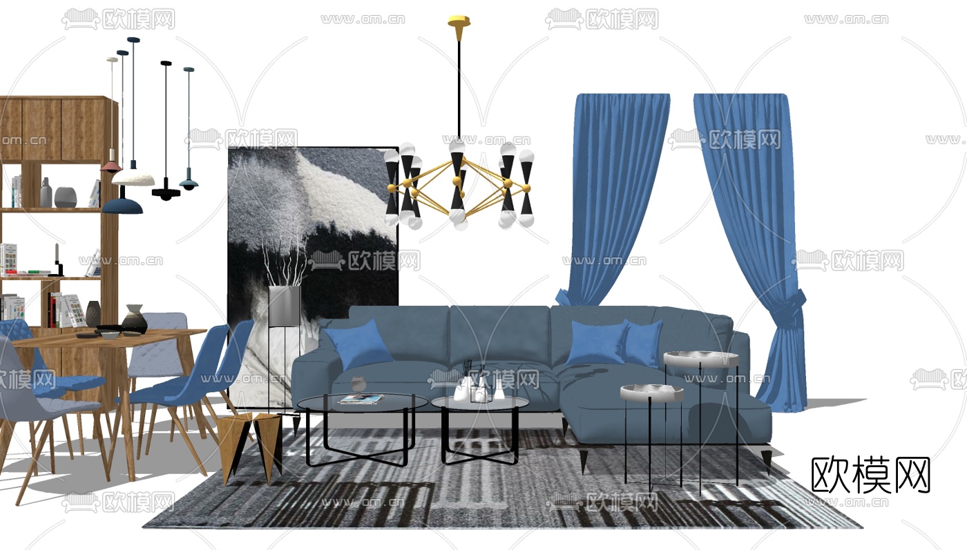 北欧简约沙发组合su模型下载（渲染图2）