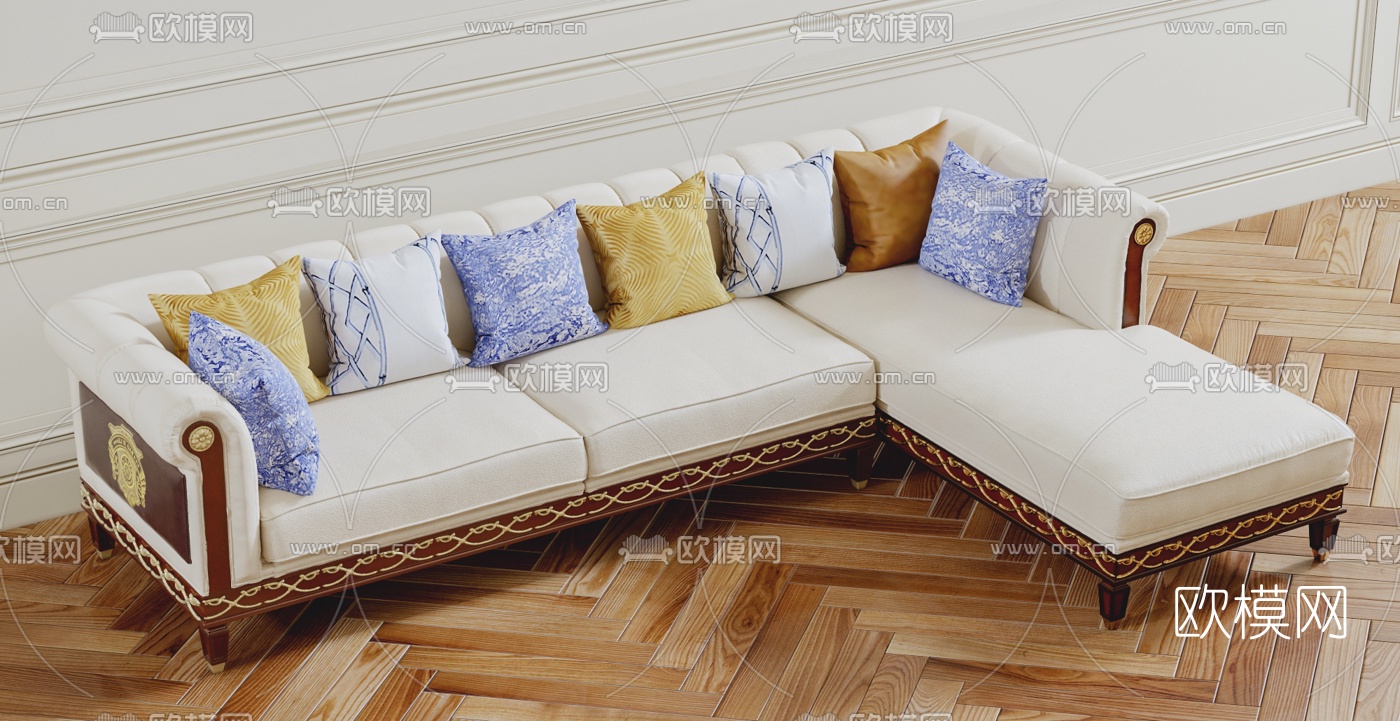 美式皮革转角多人沙发3D模型下载