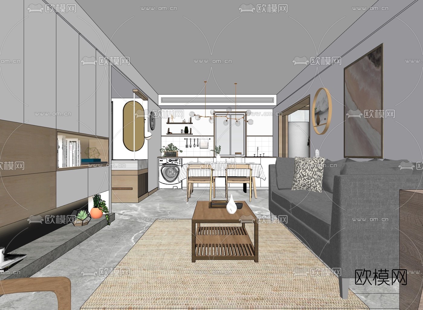北欧客厅餐厅su模型下载（渲染图1）