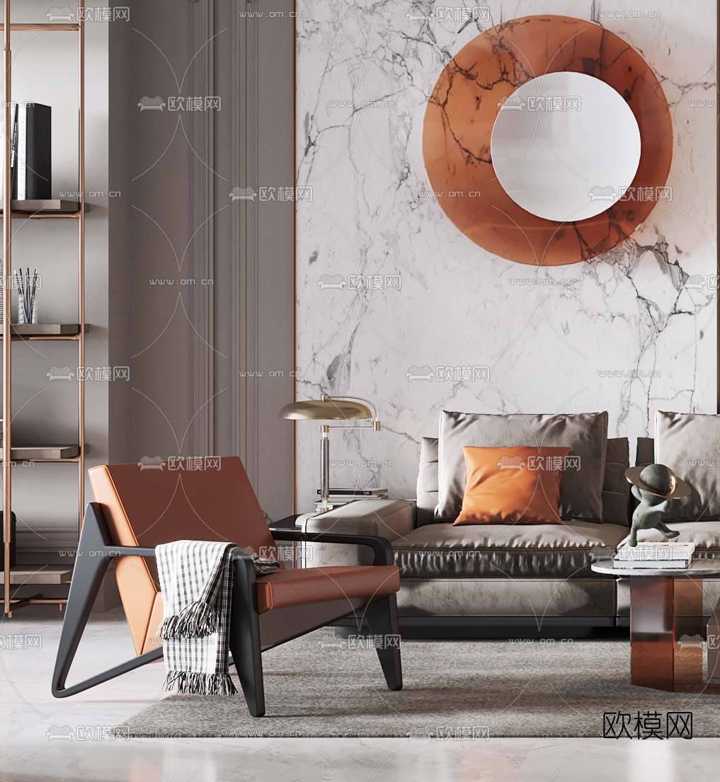 法式布艺转角沙发组合3d模型下载（渲染图2）