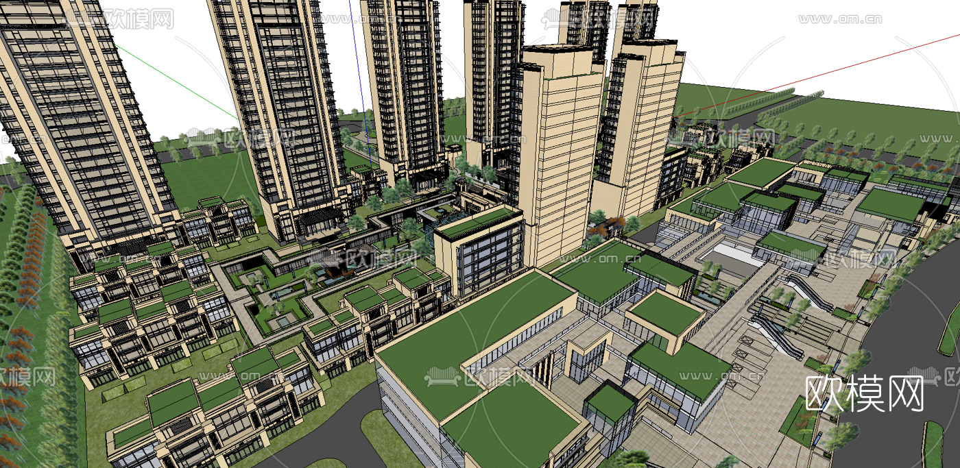 新中式小区规划su模型下载（渲染图3）