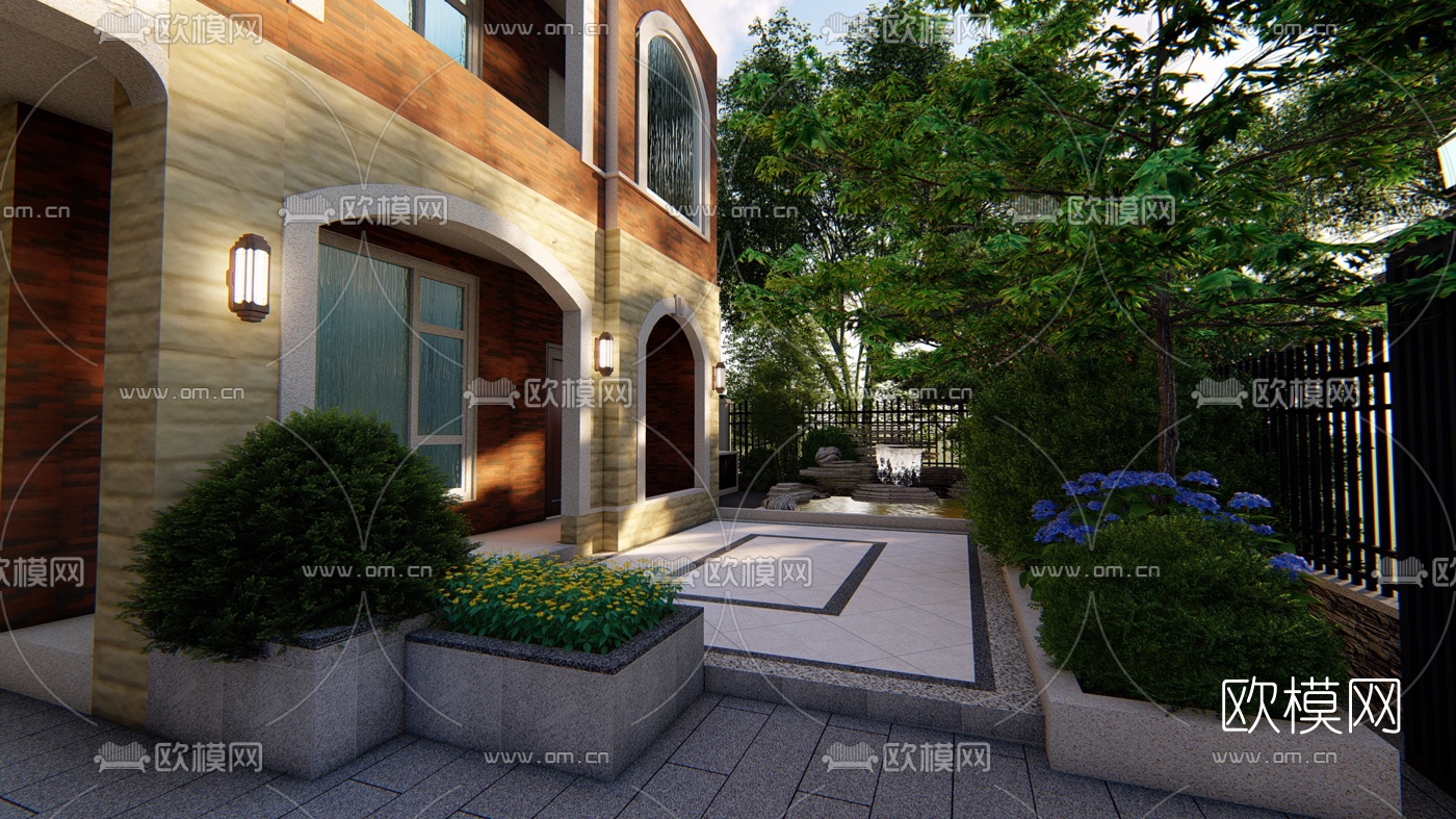 中式别墅庭院花园设计su模型下载（渲染图9）
