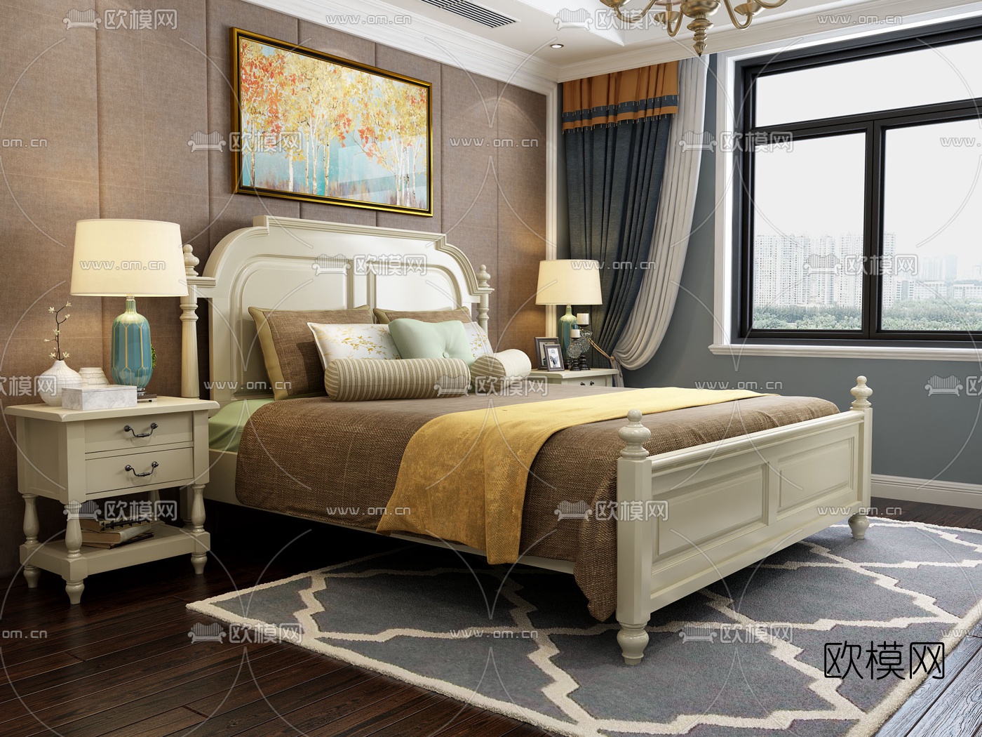 美式实木双人床3d模型下载（渲染图3）