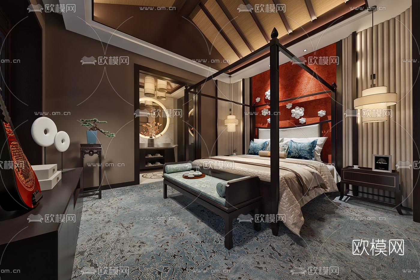 奥讯设计 中式卧室3D模型下载（渲染图1）