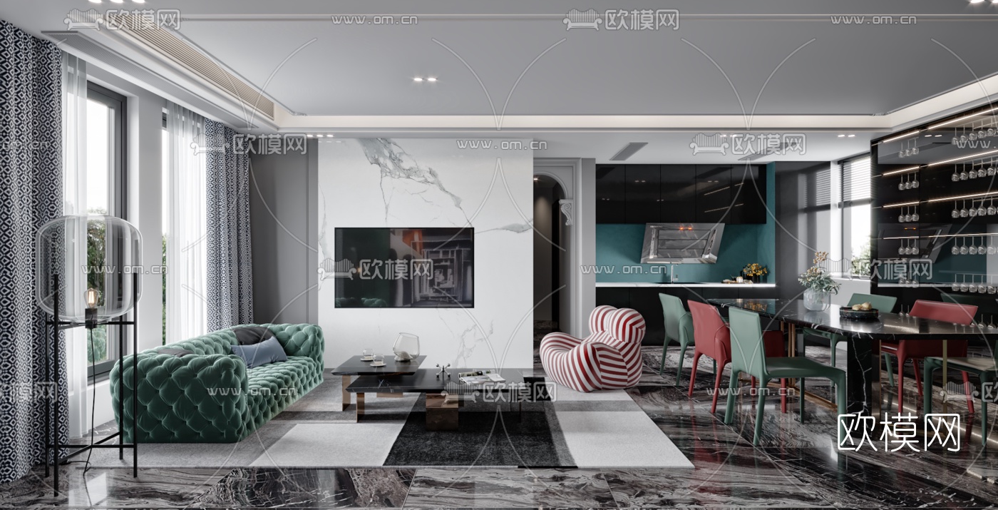 简欧客厅餐厅3d模型下载（渲染图2）