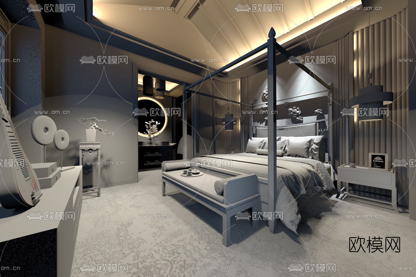 奥讯设计 中式卧室3D模型下载（渲染图2）