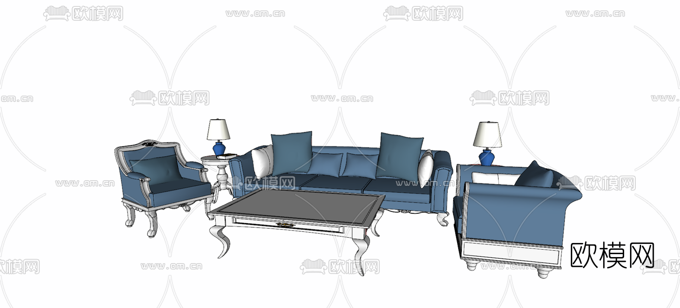 欧式布艺沙发组合su模型下载（渲染图2）