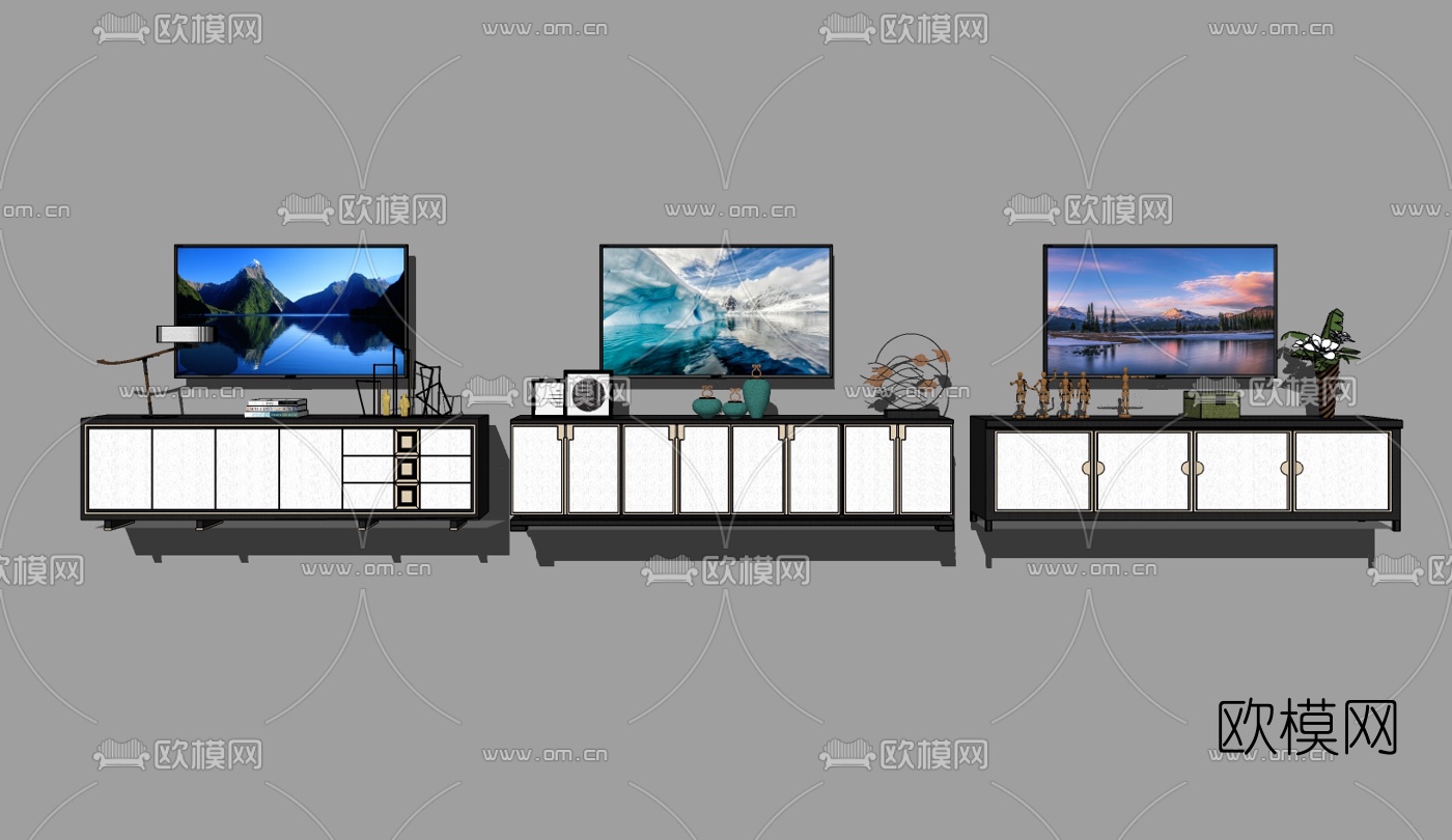 新中式电视柜组合su模型下载（渲染图2）