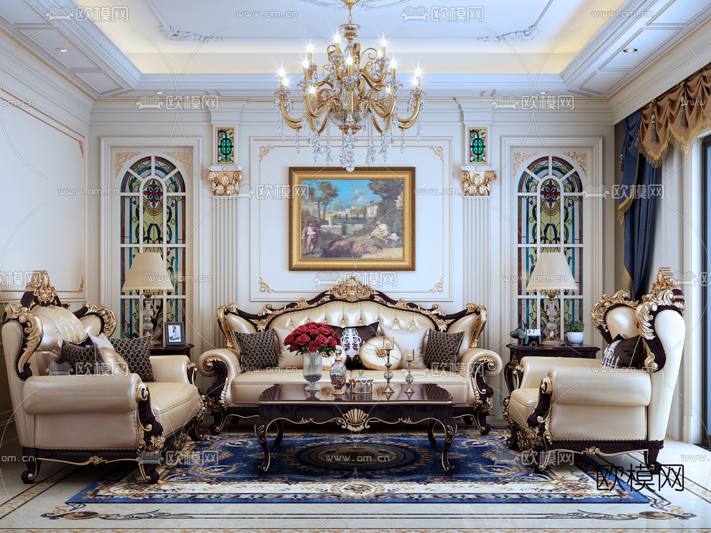 欧式皮革沙发茶几吊灯组合3D模型下载（渲染图1）