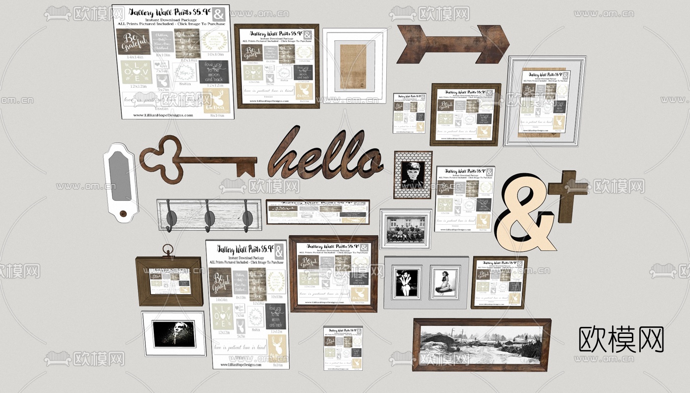 欧式复古挂件装饰画组合su模型下载（渲染图1）