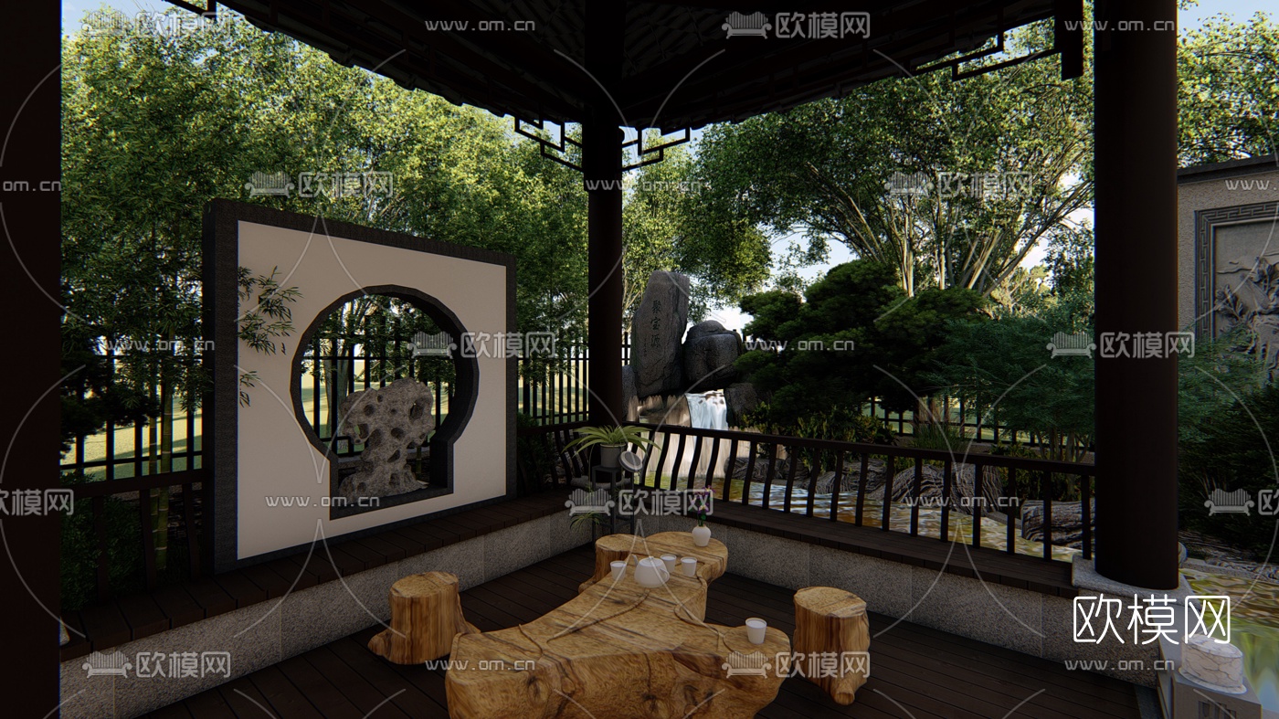 中式别墅庭院花园设计su模型下载（渲染图7）