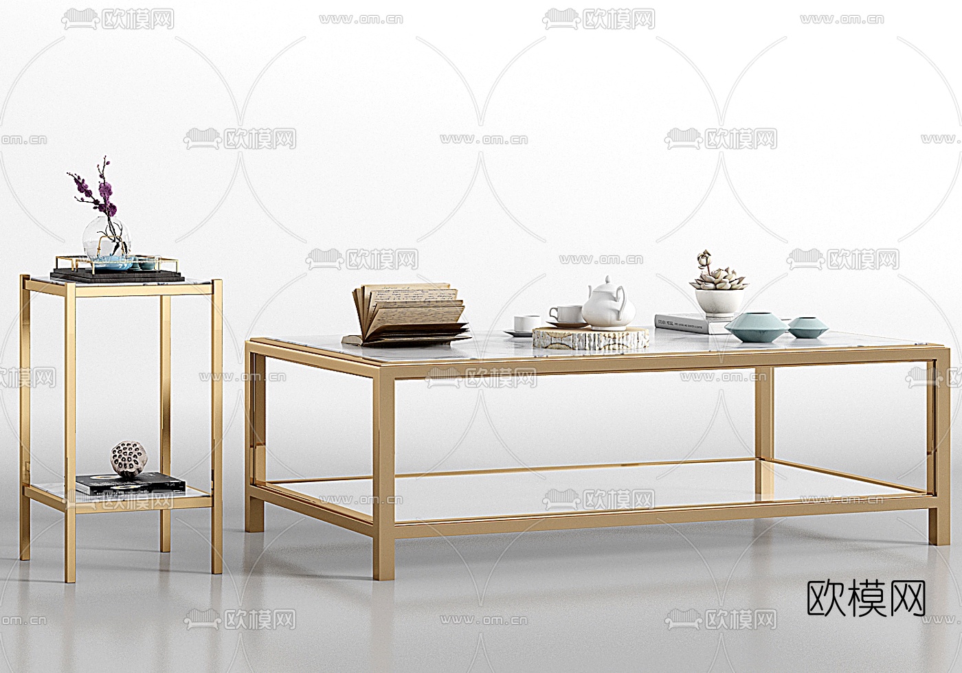 现代金属大理石茶几饰品组合3D模型