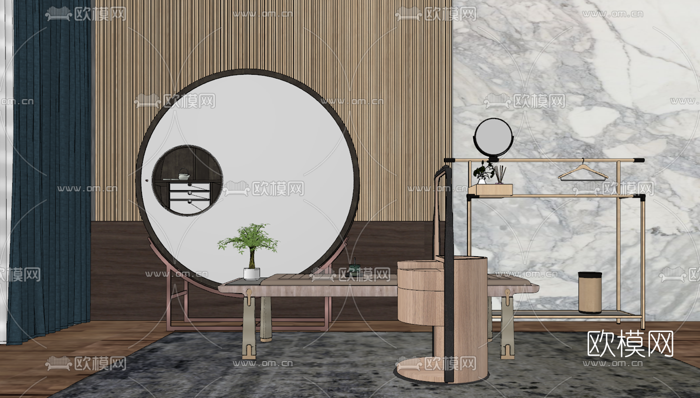 新中式茶几装饰柜组合su模型下载（渲染图1）