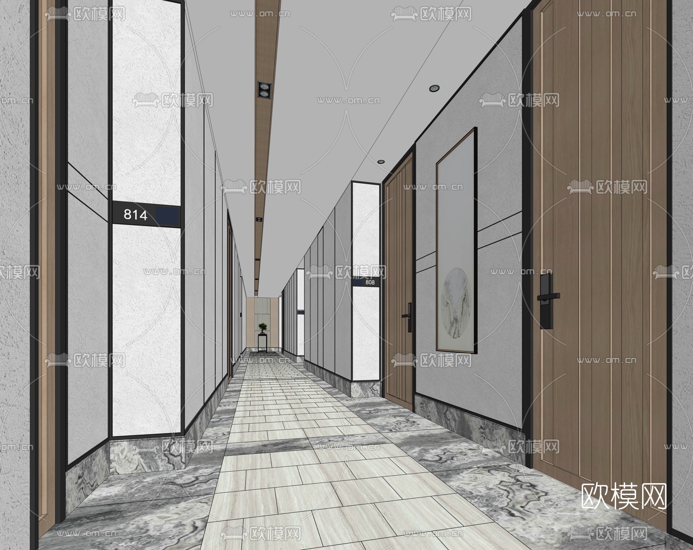新中式酒店走廊过道su模型