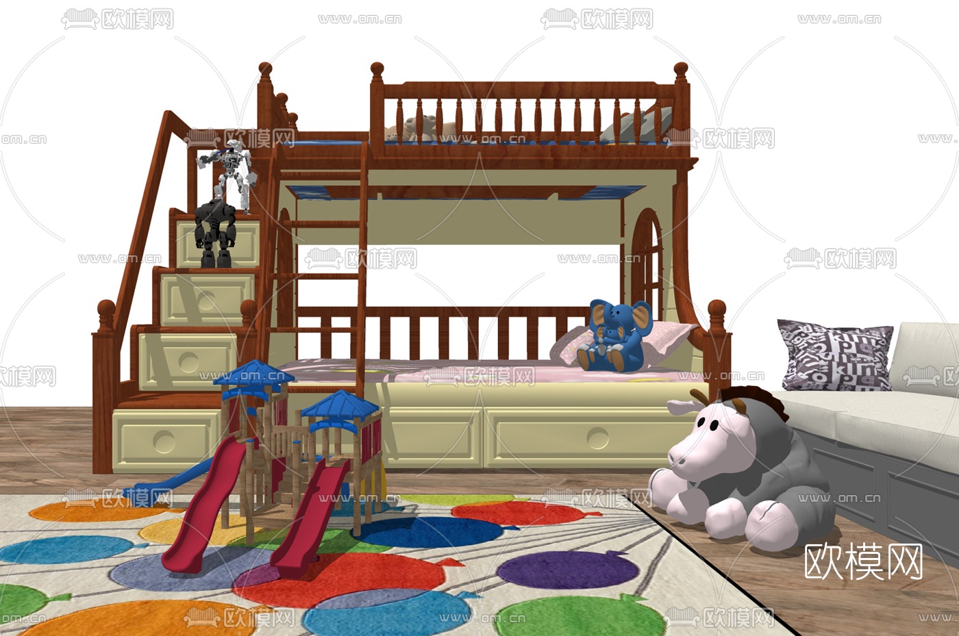 欧式儿童高低床su模型下载（渲染图1）