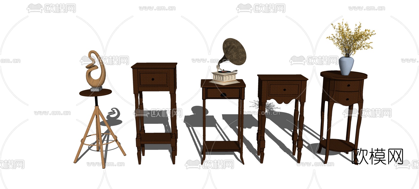 欧式实木边柜留声机组合su模型下载