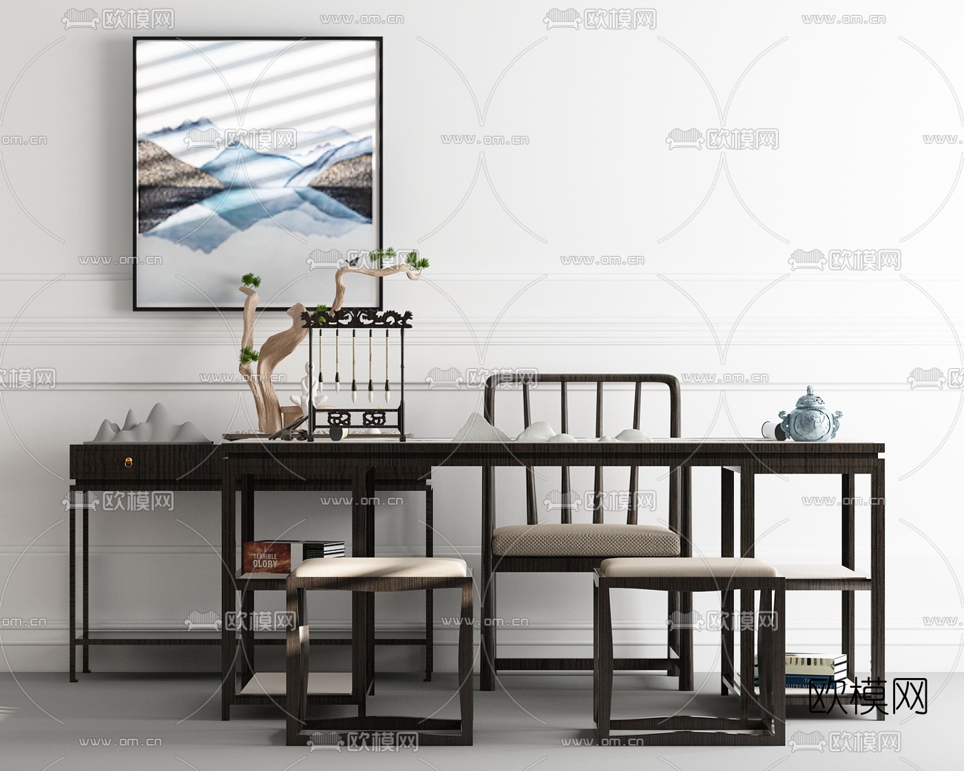 新中式实木桌椅组合3d模型下载