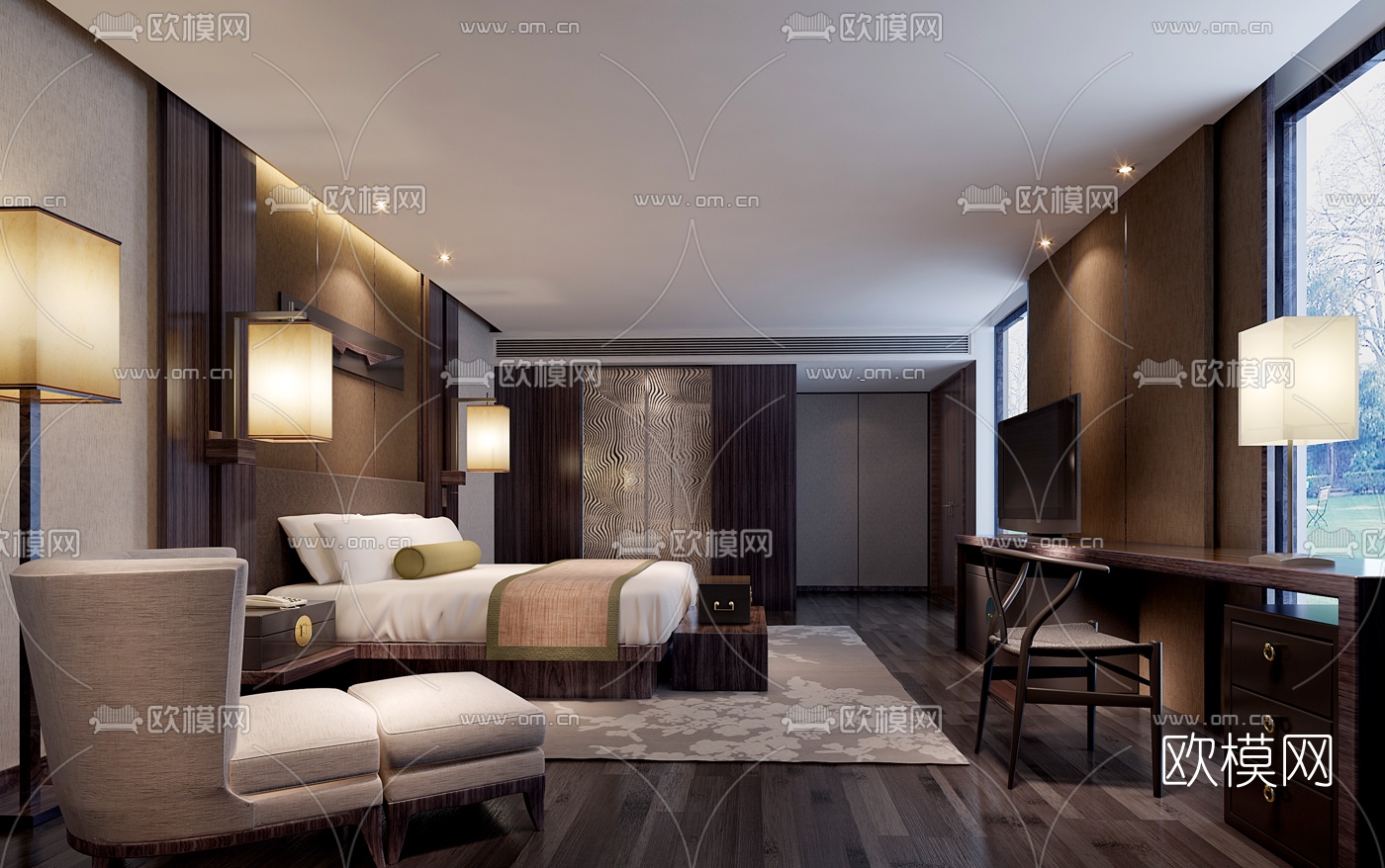 中式酒店客房套间3D模型-免费3dmax模型库-欧模网