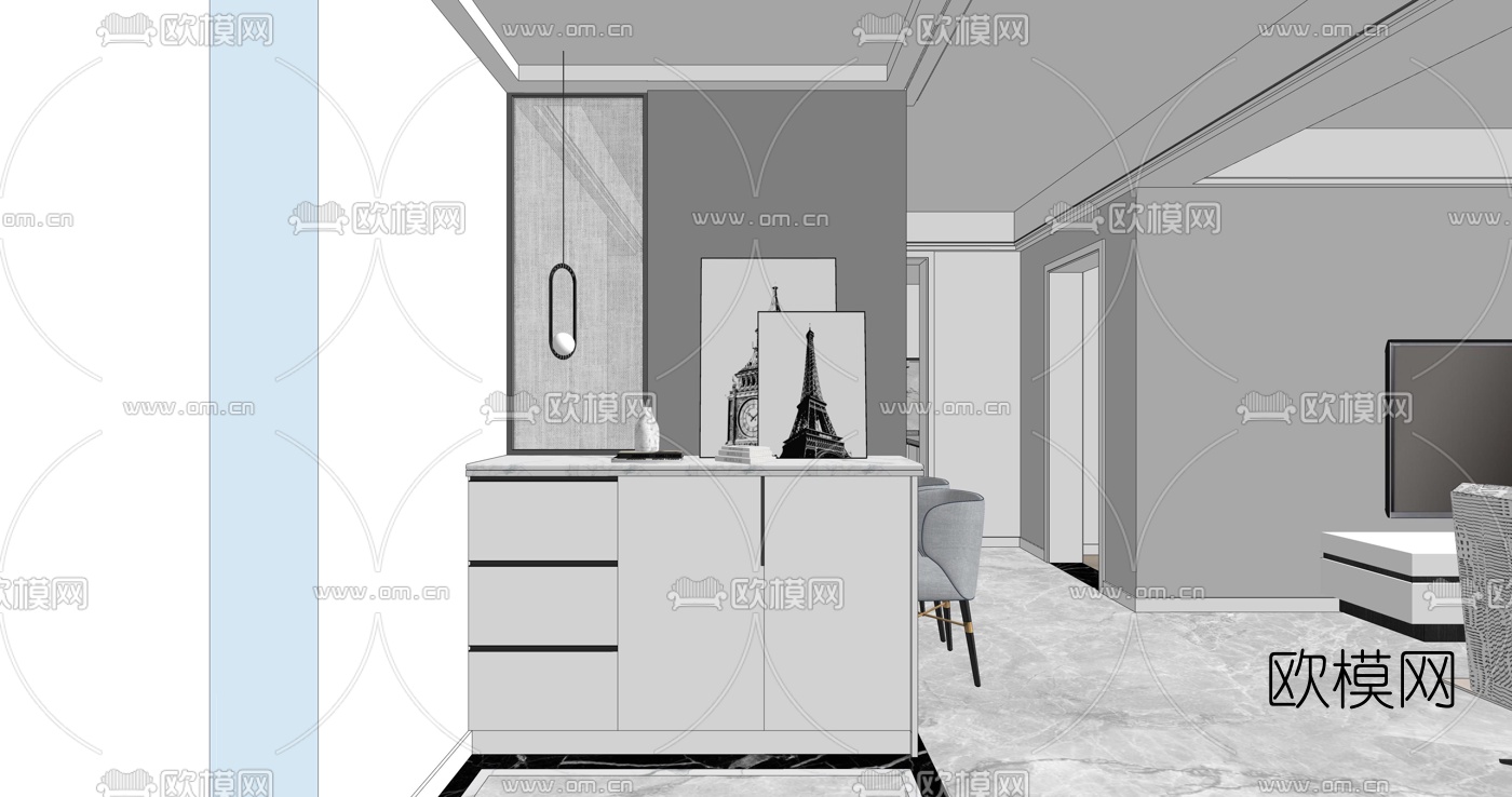 现代高级灰客厅餐厅su模型下载（渲染图1）