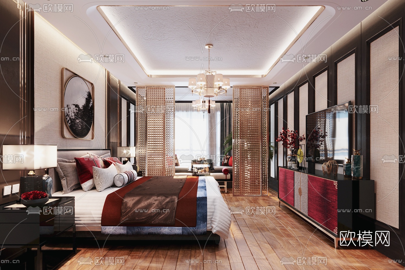 新中式酒店客房标间3d模型下载