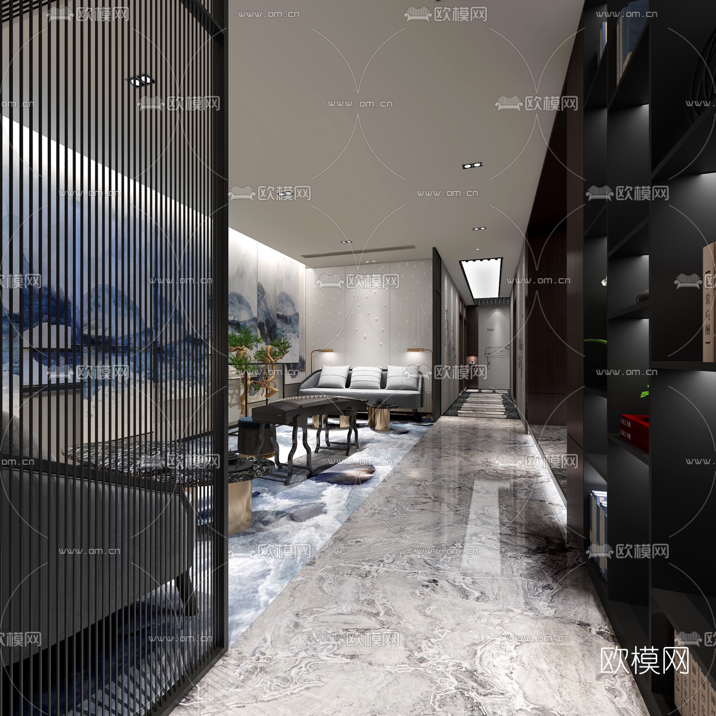 新中式会所茶室招待室过道3D模型下载（渲染图2）