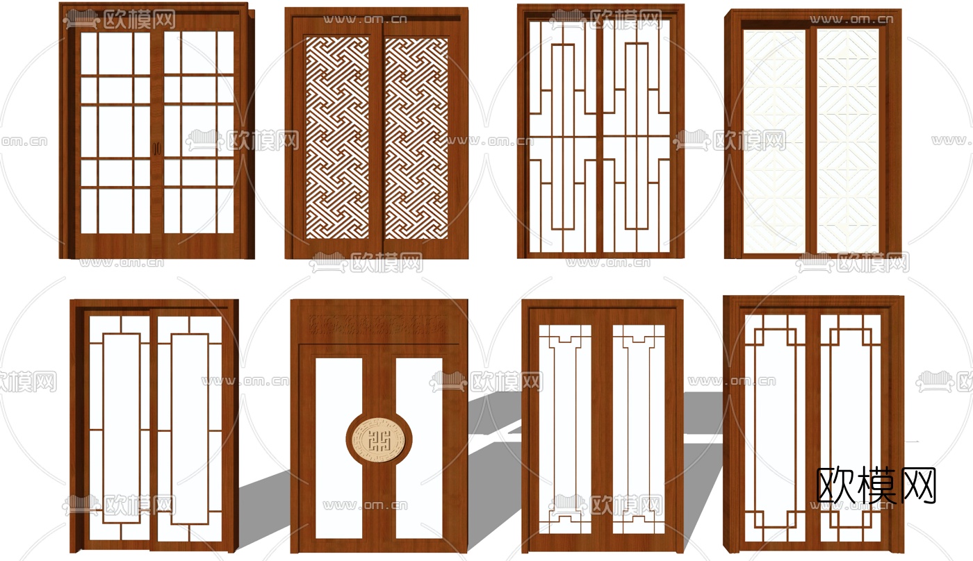 中式实木推拉门su模型下载