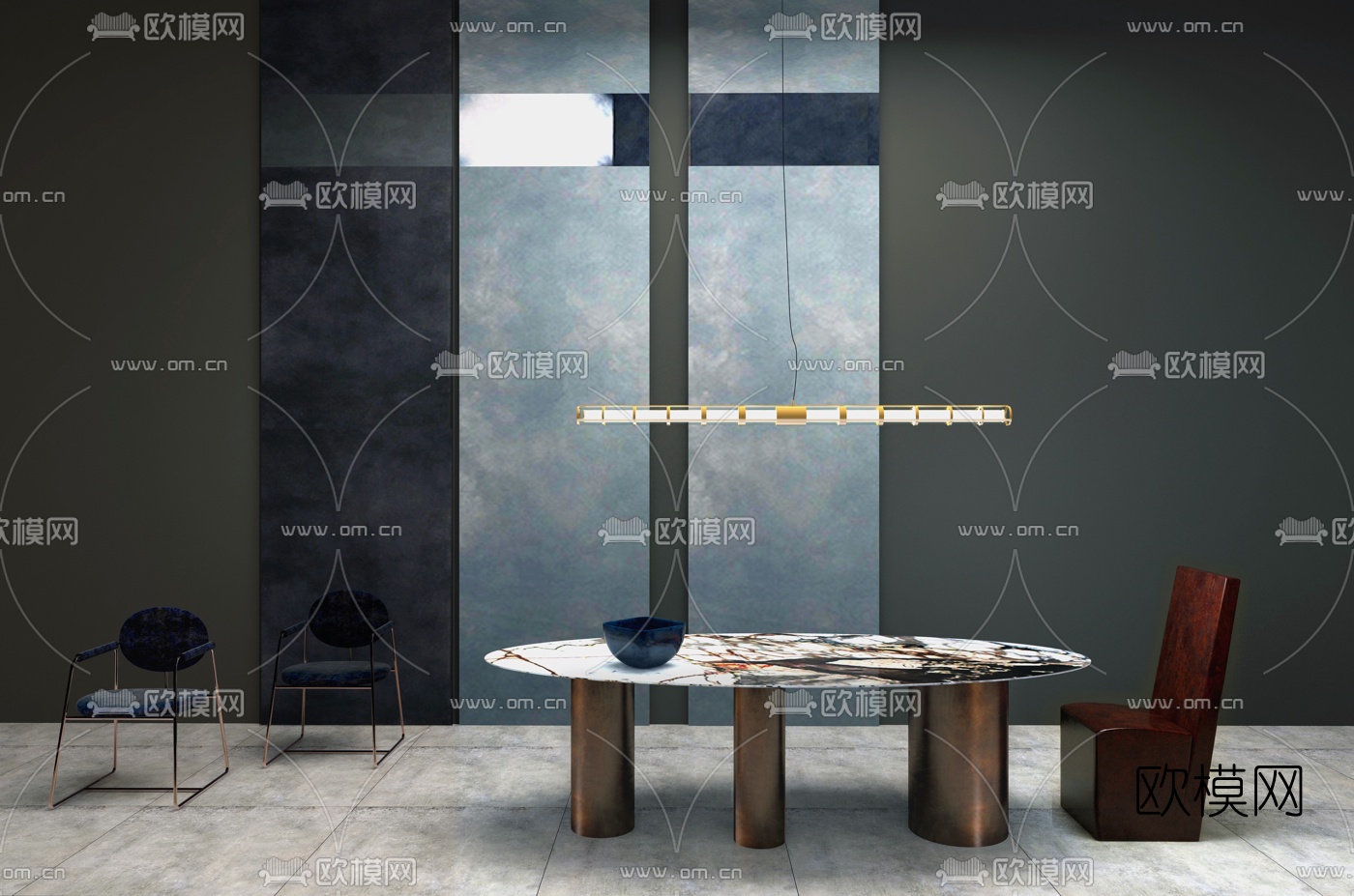 意大利BAXTER品牌 现代金属大理石餐桌椅灯管吊灯3D模型下载