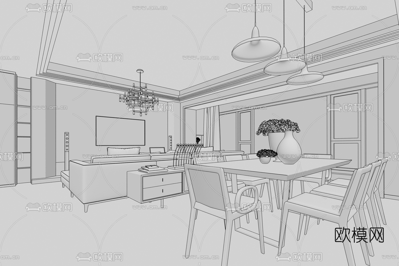 后现代客厅餐厅3D模型