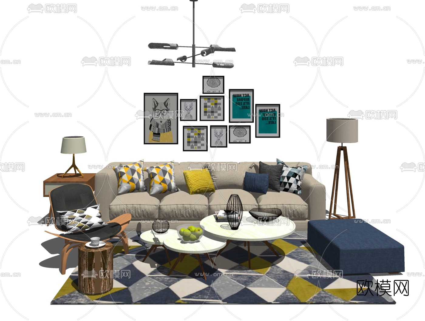 北欧布艺沙发组合su模型下载（渲染图1）