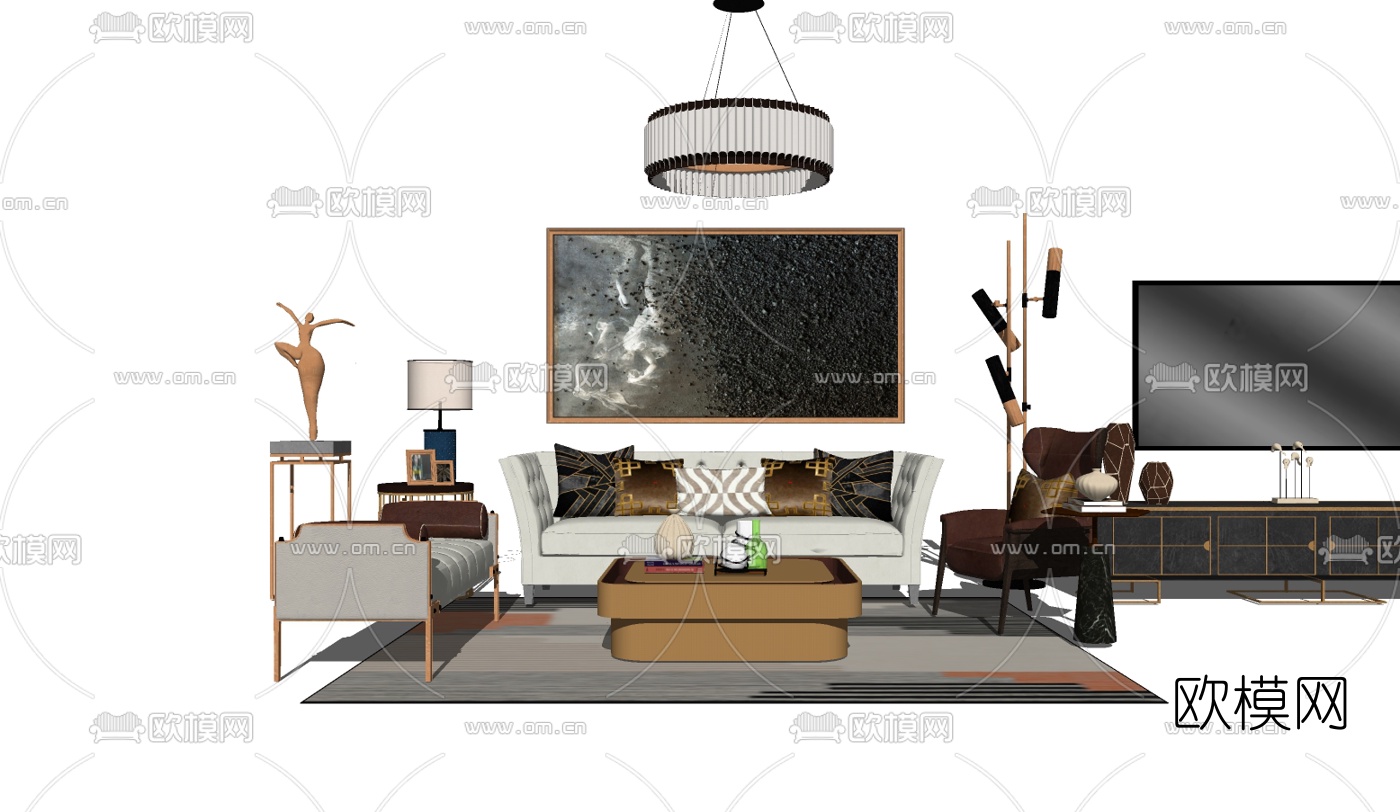 现代轻奢沙发组合su模型下载（渲染图2）