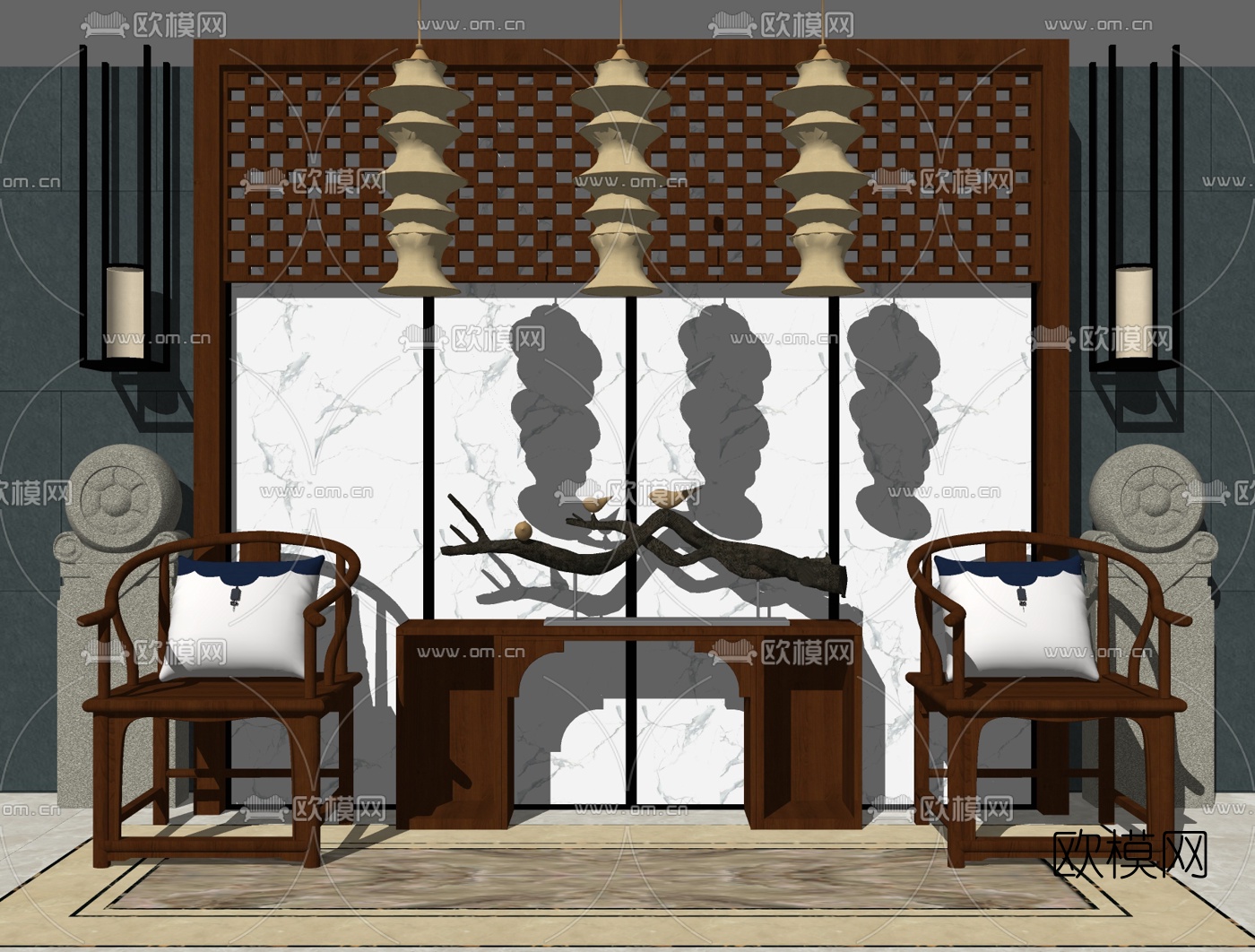 新中式实木端景条案su模型下载