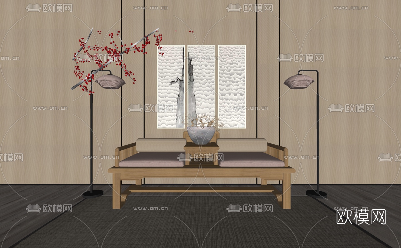 中式榻榻米沙发su模型下载