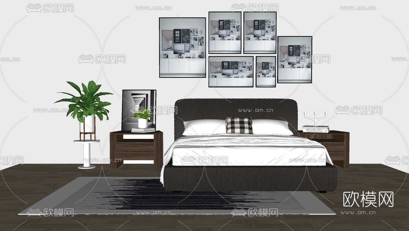 北欧双人床su模型下载（渲染图1）