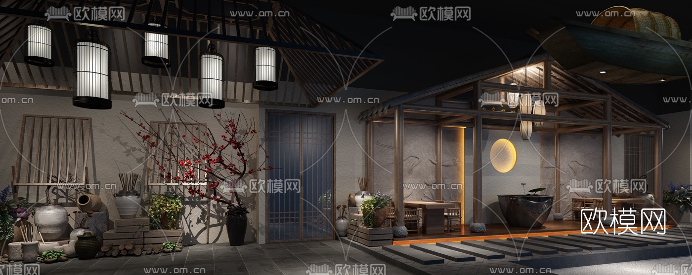 中式会所中庭过道3d模型