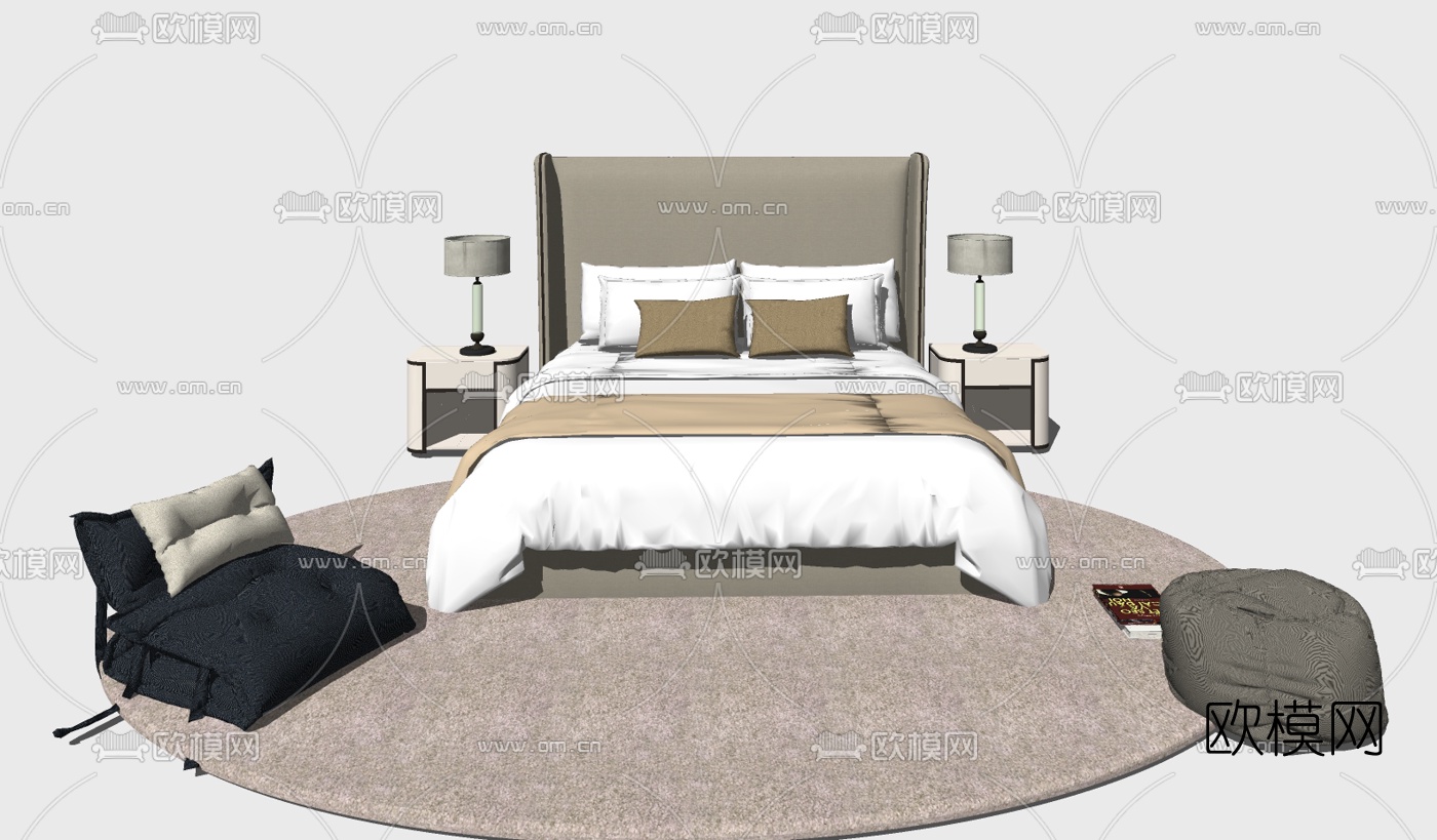 现代双人床组合su模型下载（渲染图2）