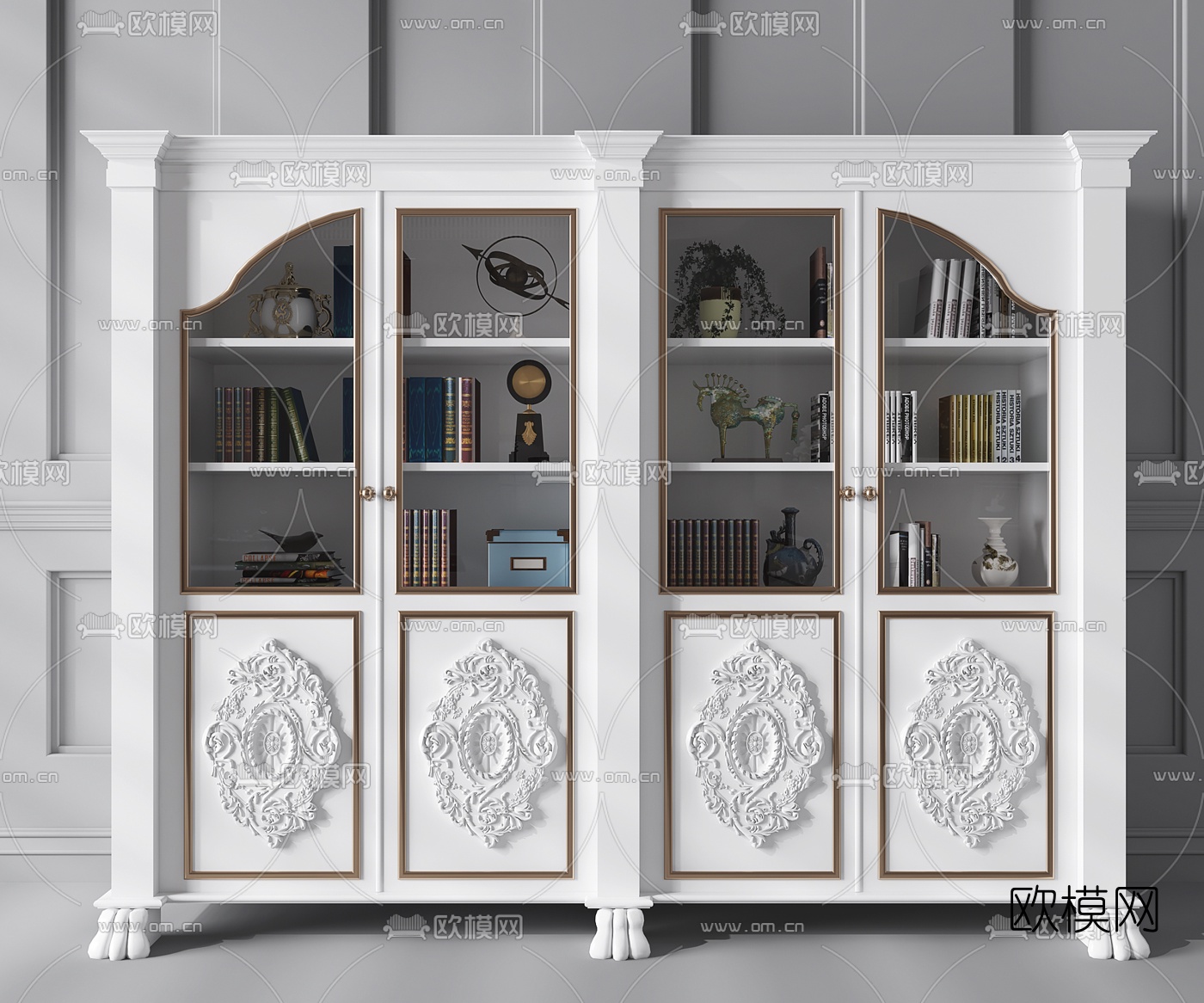 欧式白色书柜书籍摆件组合3D模型下载