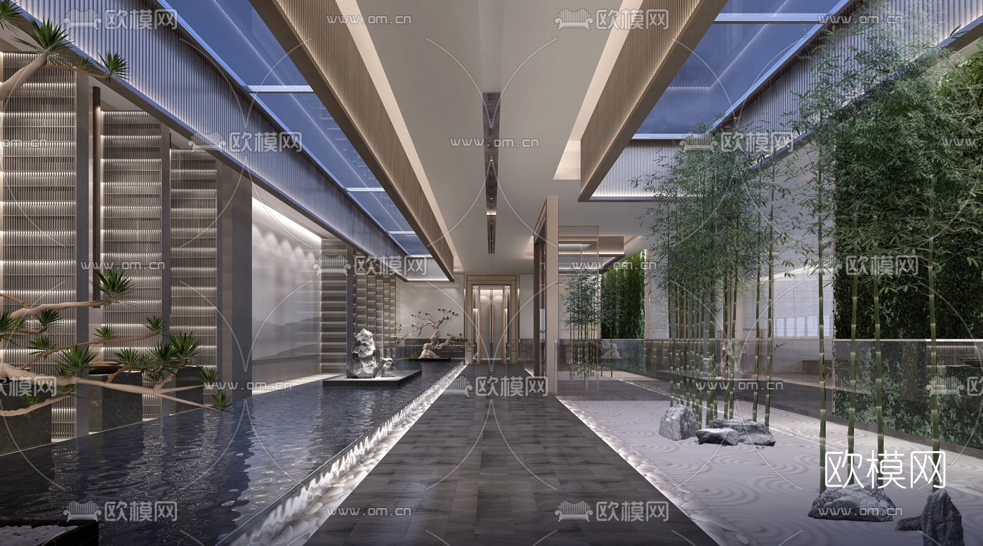新中式酒店中庭过道3d模型