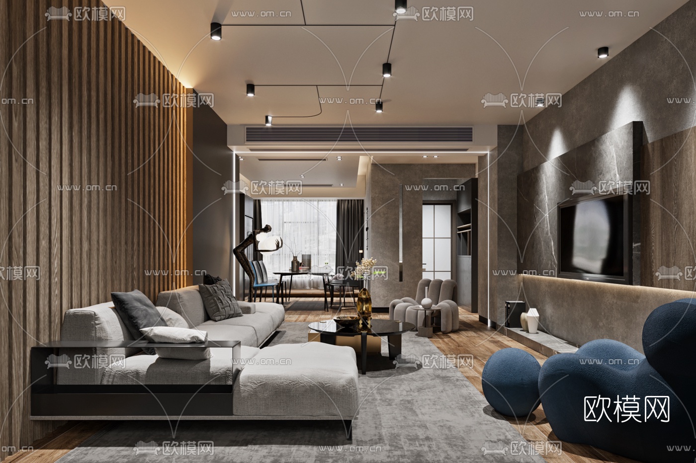 工业风客厅餐厅3d模型下载（渲染图2）