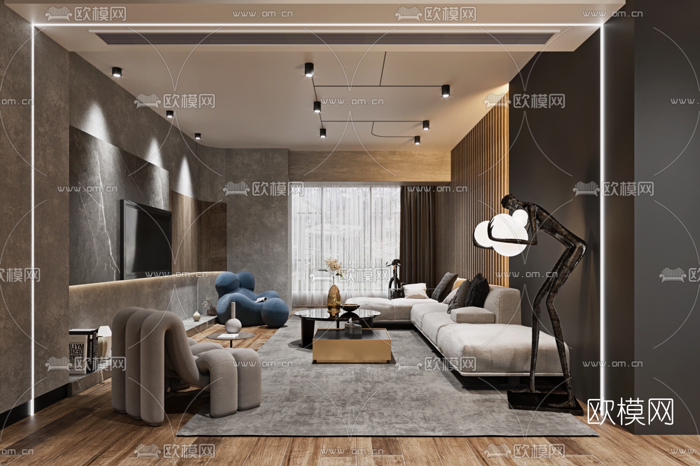 工业风客厅餐厅3d模型下载（渲染图1）