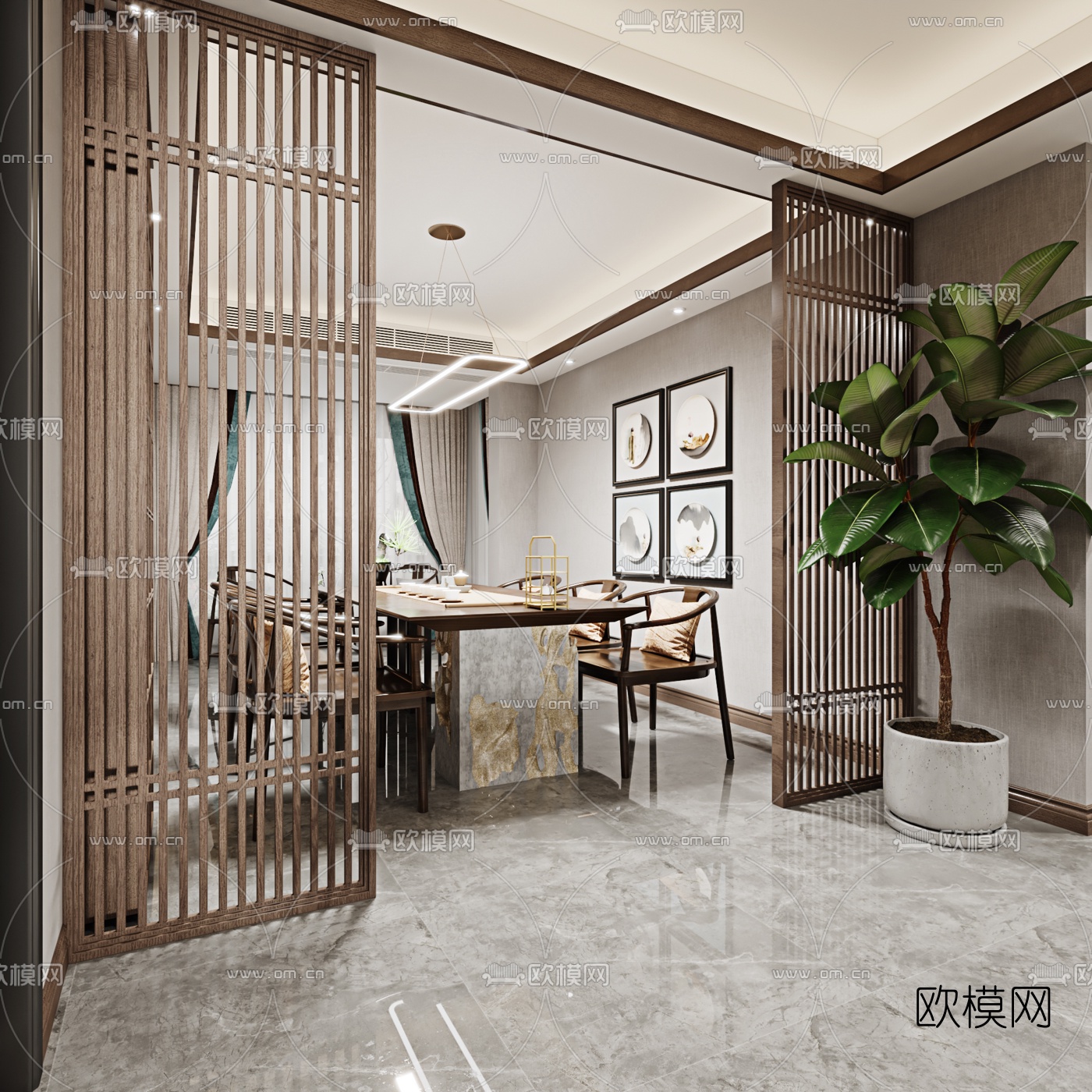 新中式客厅餐厅3d模型