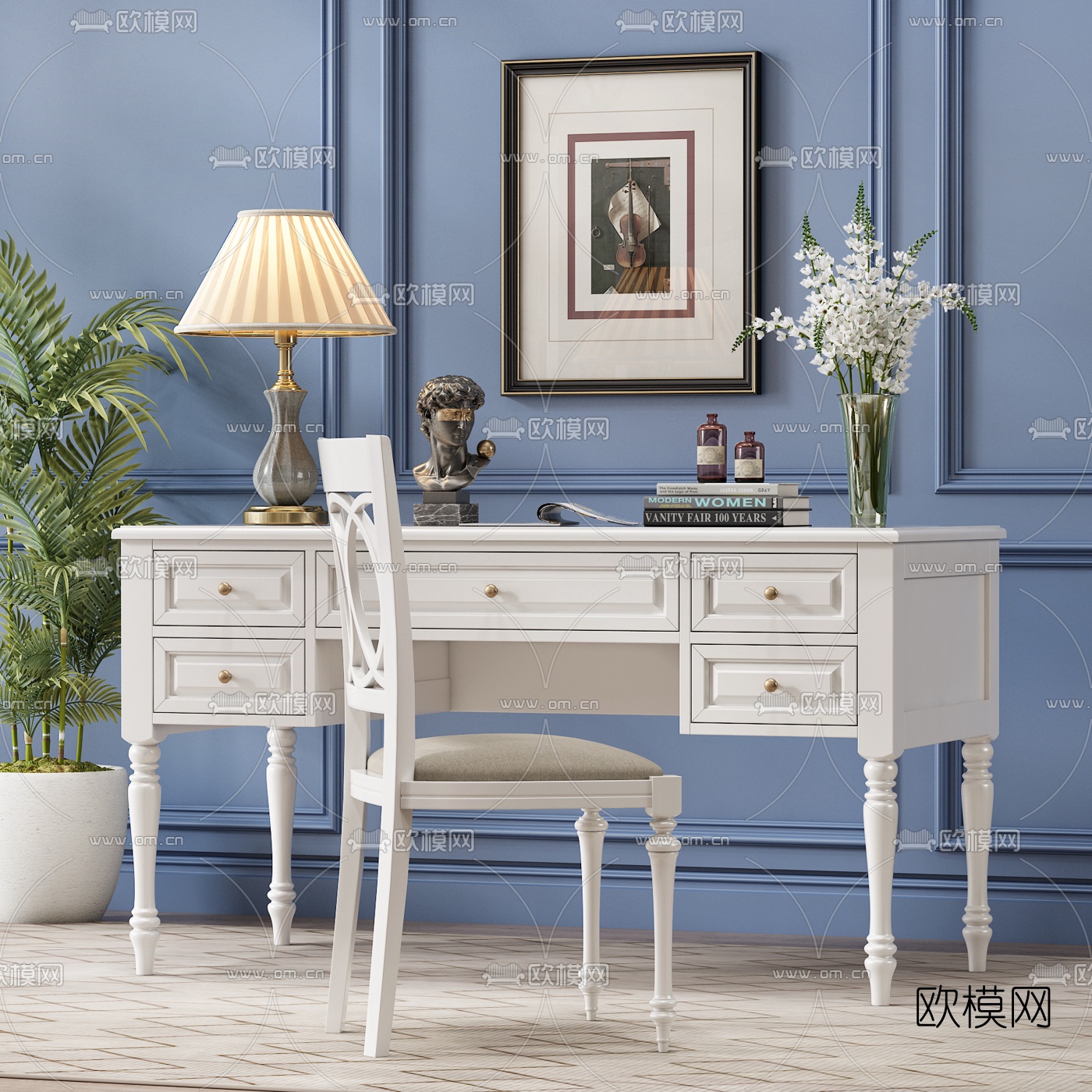 美式书桌椅3d模型下载