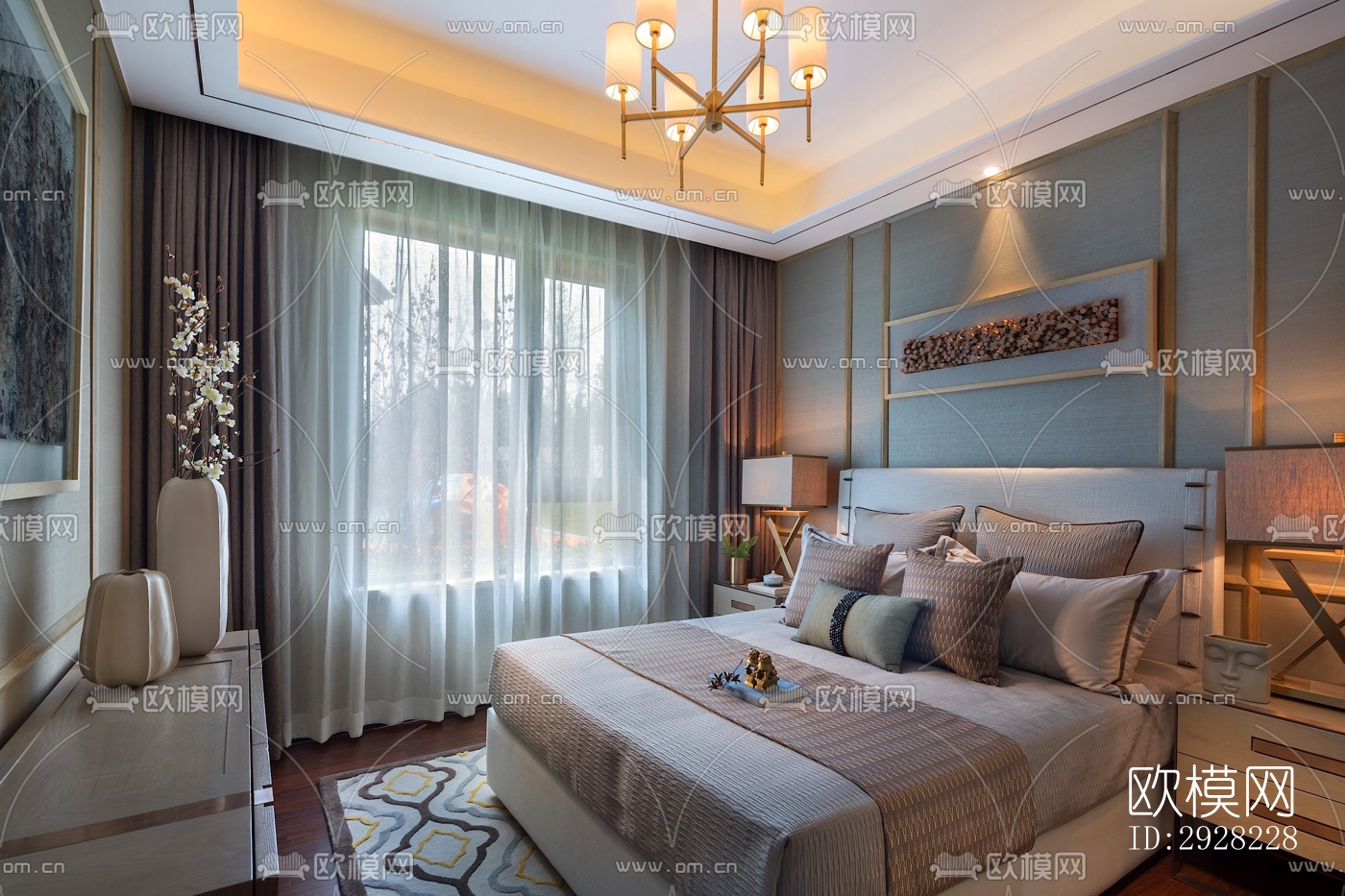 新中式平层效果图下载（渲染图10）