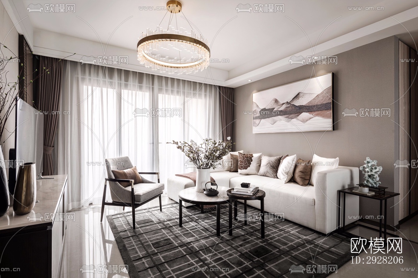 新中式平层效果图下载（渲染图1）